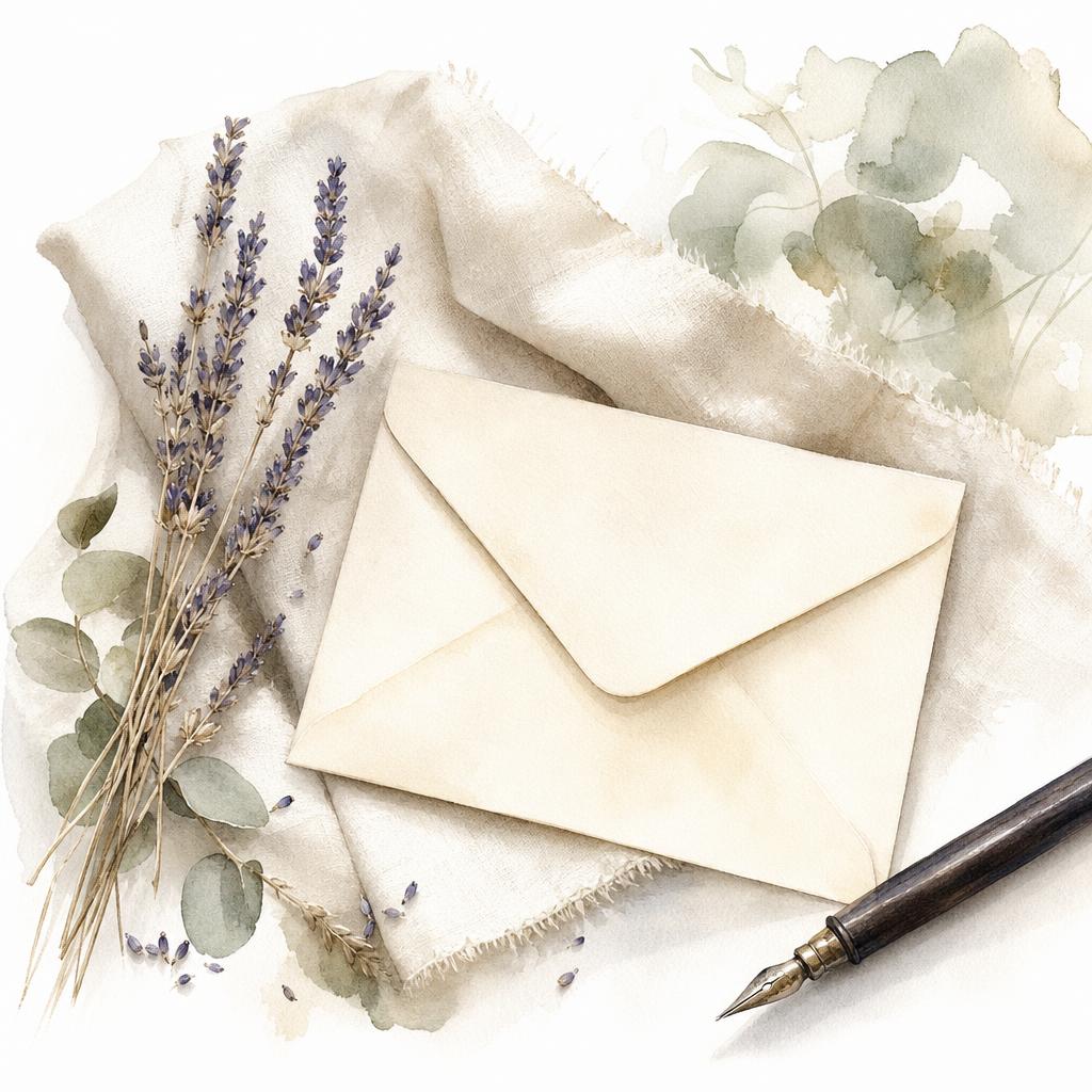 A cream envelope on a linen surface with lavender and a fountain pen